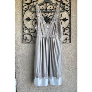 Soma Lace Trim Pajama Dress - Gray/Taupe and White